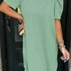 Discount Dear-Lover Corded Knit Crew Neck Puff Sleeve Shift Mini Dress Mint Green