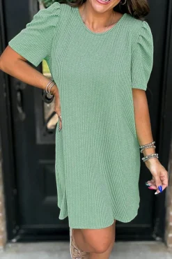 Discount Dear-Lover Corded Knit Crew Neck Puff Sleeve Shift Mini Dress Mint Green