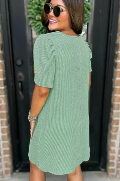 Discount Dear-Lover Corded Knit Crew Neck Puff Sleeve Shift Mini Dress Mint Green