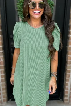 Discount Dear-Lover Corded Knit Crew Neck Puff Sleeve Shift Mini Dress Mint Green