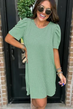 Discount Dear-Lover Corded Knit Crew Neck Puff Sleeve Shift Mini Dress Mint Green