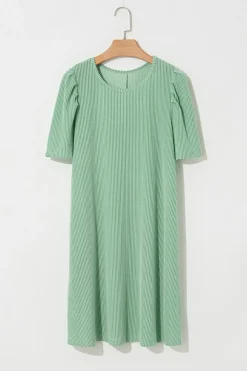 Discount Dear-Lover Corded Knit Crew Neck Puff Sleeve Shift Mini Dress Mint Green
