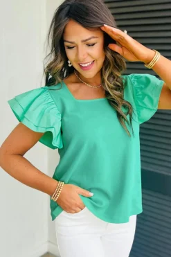 New Dear-Lover Flutter Sleeve Square Neck Top Mint Green