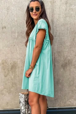 Outlet Dear-Lover Frilled Trim Crew Neck Loose Fit Mini Dress Mint Green