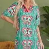 Discount Dear-Lover Geometric Butterfly Print Split Neck Short Sleeve Dress Mint Green