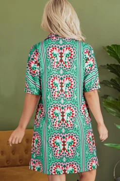 Discount Dear-Lover Geometric Butterfly Print Split Neck Short Sleeve Dress Mint Green
