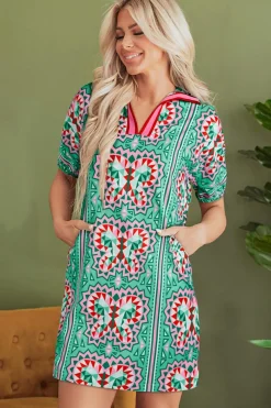 Discount Dear-Lover Geometric Butterfly Print Split Neck Short Sleeve Dress Mint Green