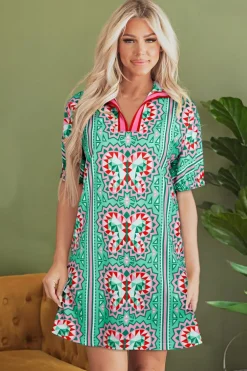 Discount Dear-Lover Geometric Butterfly Print Split Neck Short Sleeve Dress Mint Green