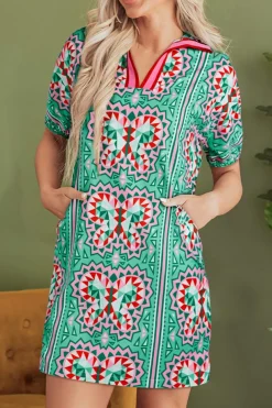 Discount Dear-Lover Geometric Butterfly Print Split Neck Short Sleeve Dress Mint Green