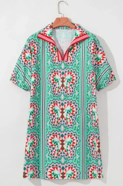 Discount Dear-Lover Geometric Butterfly Print Split Neck Short Sleeve Dress Mint Green