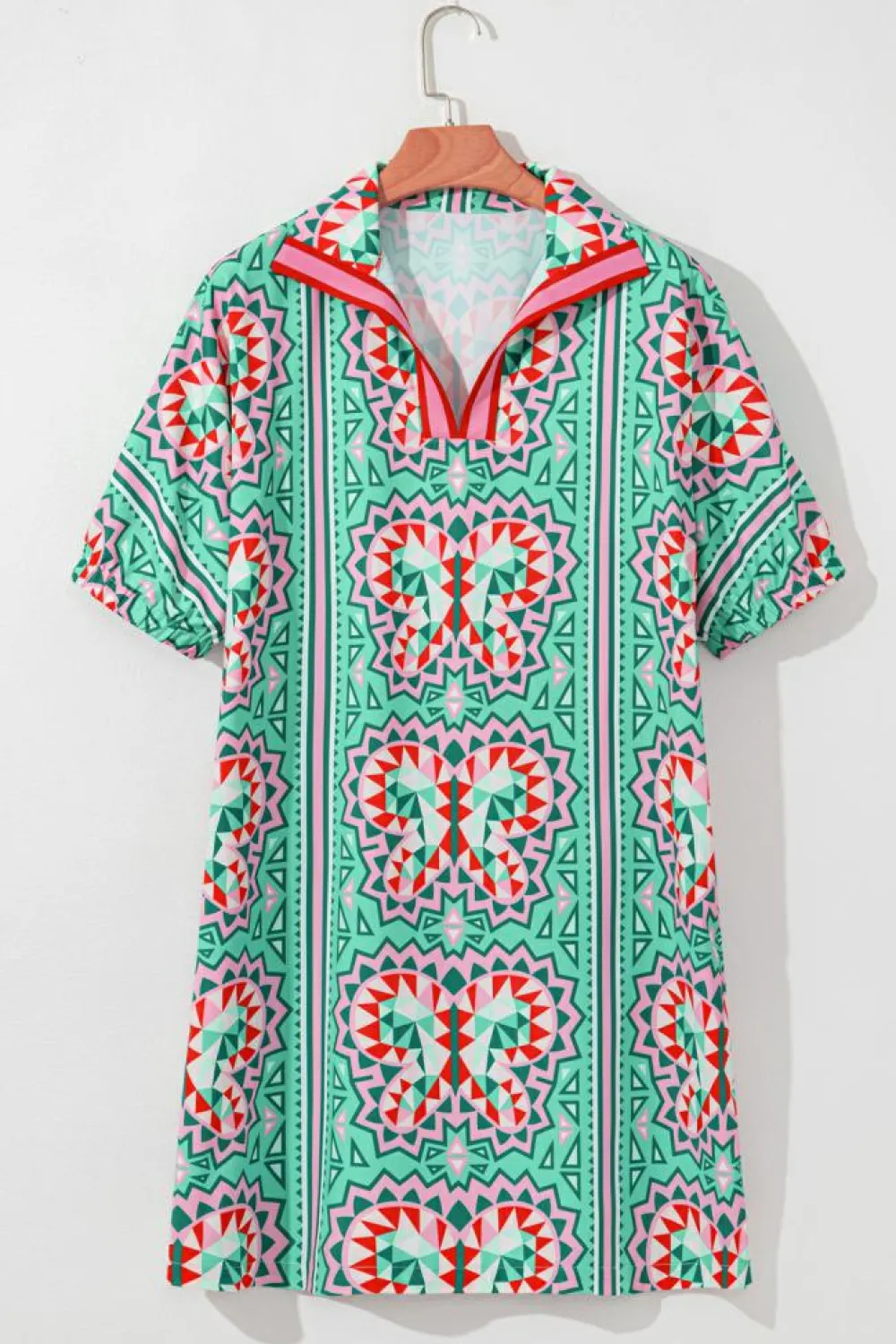 Discount Dear-Lover Geometric Butterfly Print Split Neck Short Sleeve Dress Mint Green