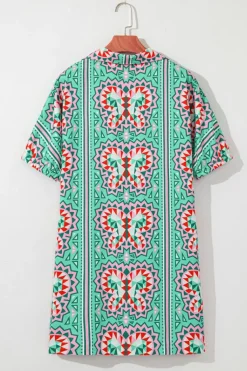 Discount Dear-Lover Geometric Butterfly Print Split Neck Short Sleeve Dress Mint Green