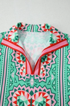 Discount Dear-Lover Geometric Butterfly Print Split Neck Short Sleeve Dress Mint Green
