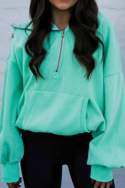 New Dear-Lover Half Zip Kangaroo Pocket Drop Shoulder Hoodie Mint Green