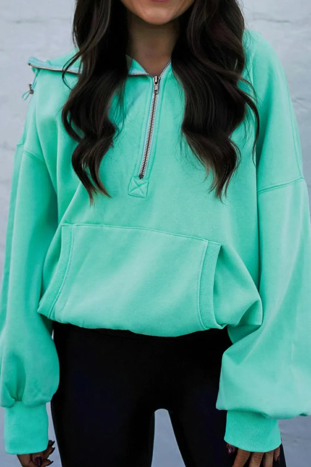 New Dear-Lover Half Zip Kangaroo Pocket Drop Shoulder Hoodie Mint Green