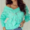 Clearance Dear-Lover Hollow Out Knit V Neck Drop Shoulder Sweater Mint Green
