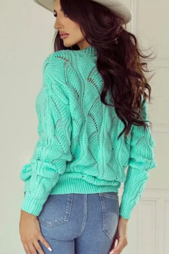 Clearance Dear-Lover Hollow Out Knit V Neck Drop Shoulder Sweater Mint Green