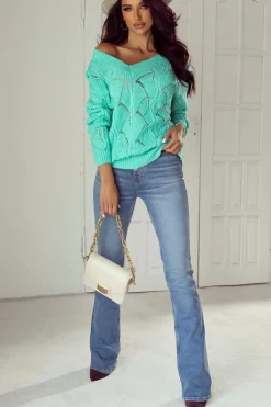 Clearance Dear-Lover Hollow Out Knit V Neck Drop Shoulder Sweater Mint Green