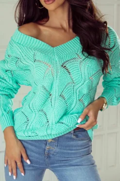 Clearance Dear-Lover Hollow Out Knit V Neck Drop Shoulder Sweater Mint Green