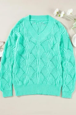 Clearance Dear-Lover Hollow Out Knit V Neck Drop Shoulder Sweater Mint Green