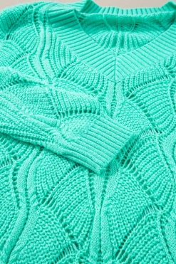 Clearance Dear-Lover Hollow Out Knit V Neck Drop Shoulder Sweater Mint Green