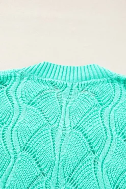 Clearance Dear-Lover Hollow Out Knit V Neck Drop Shoulder Sweater Mint Green