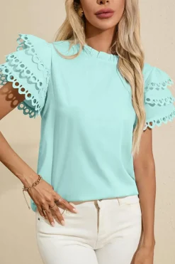 Best Dear-Lover Layered Ric Rac Cap Sleeve Frilled Neck Blouse Mint Green