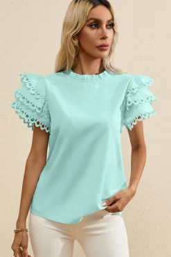 Best Dear-Lover Layered Ric Rac Cap Sleeve Frilled Neck Blouse Mint Green