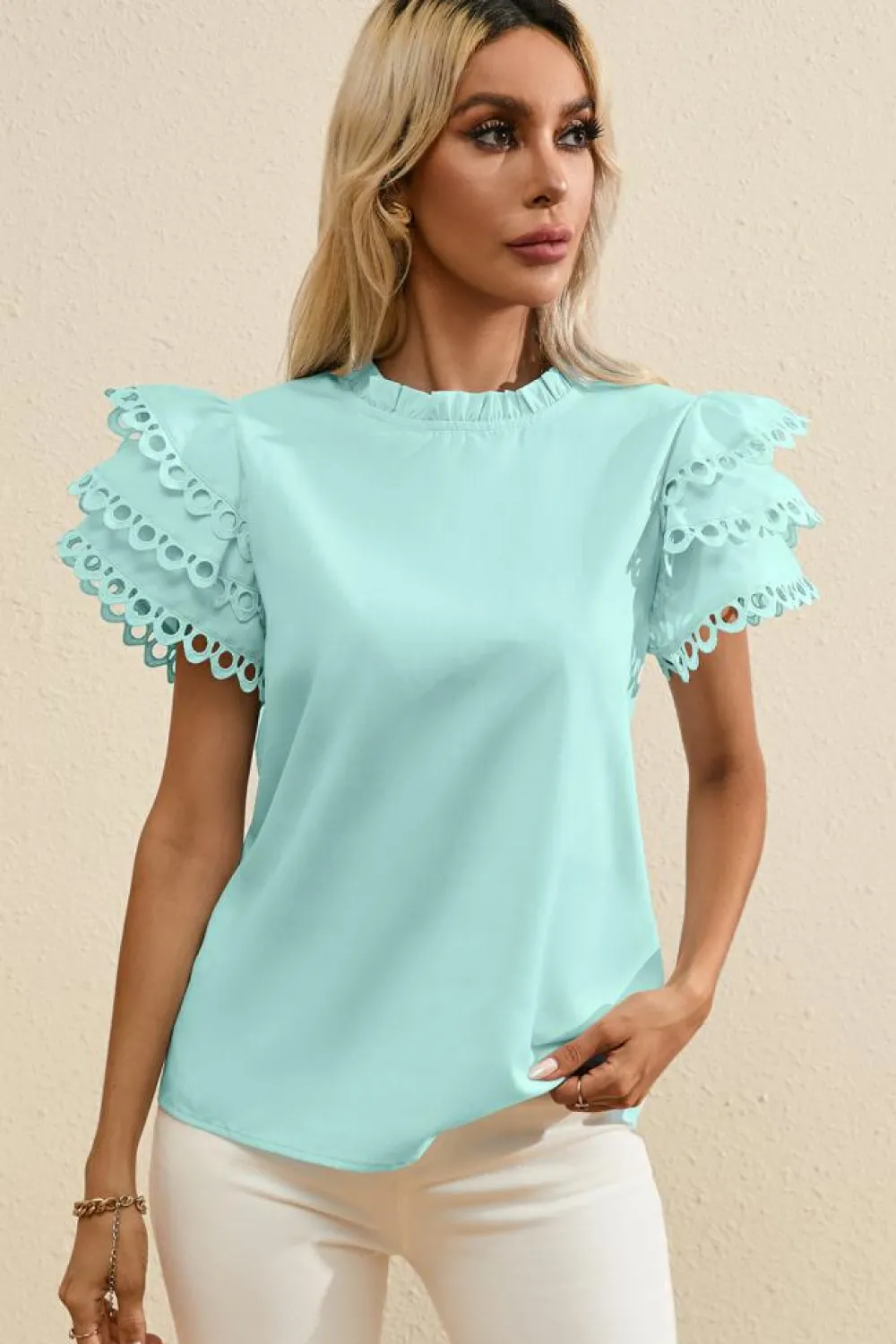 Best Dear-Lover Layered Ric Rac Cap Sleeve Frilled Neck Blouse Mint Green