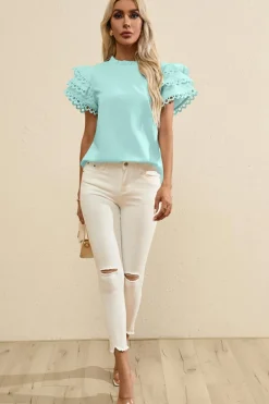 Best Dear-Lover Layered Ric Rac Cap Sleeve Frilled Neck Blouse Mint Green
