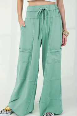 Clearance Dear-Lover Mineral Wash Exposed Seam Drawstring High Waist Wide Leg Cargo Pants Mint Green