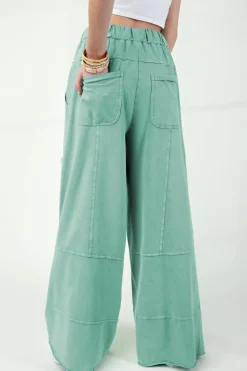 Clearance Dear-Lover Mineral Wash Exposed Seam Drawstring High Waist Wide Leg Cargo Pants Mint Green