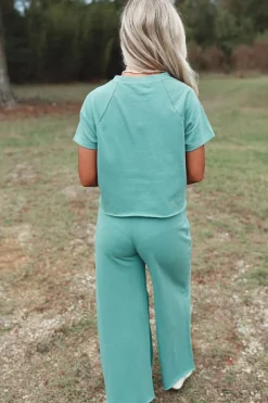 Hot Dear-Lover Raglan Short Sleeve Tee and Wide Leg Pants Set Mint Green