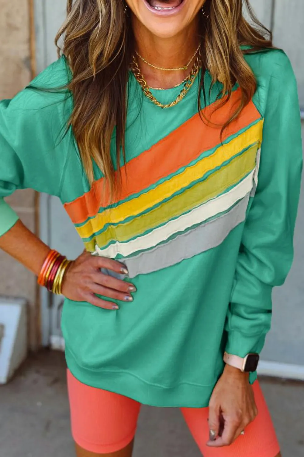 Fashion Dear-Lover Rainbow Colorblock Striped Pullover Sweatshirt Mint Green
