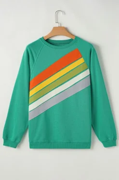 Fashion Dear-Lover Rainbow Colorblock Striped Pullover Sweatshirt Mint Green