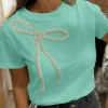 New Dear-Lover Rhinestone Bow Embellished Round Neck Tee Mint Green