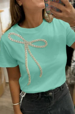 New Dear-Lover Rhinestone Bow Embellished Round Neck Tee Mint Green