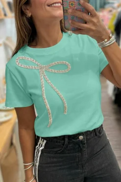 New Dear-Lover Rhinestone Bow Embellished Round Neck Tee Mint Green