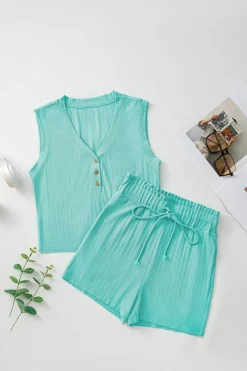 Hot Dear-Lover Ribbed Button V Neck Tank Top and Shorts Set Mint Green