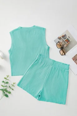 Hot Dear-Lover Ribbed Button V Neck Tank Top and Shorts Set Mint Green