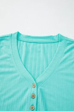 Hot Dear-Lover Ribbed Button V Neck Tank Top and Shorts Set Mint Green