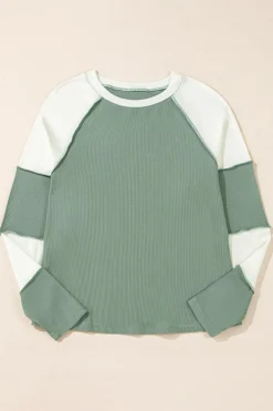 Fashion Dear-Lover Ribbed Colorblock Patchwork Raglan Long Sleeve Top Mint Green