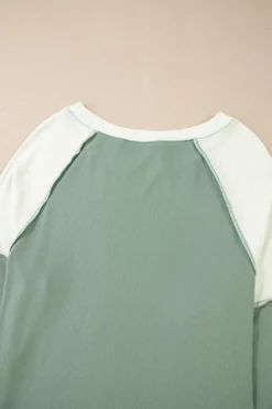 Fashion Dear-Lover Ribbed Colorblock Patchwork Raglan Long Sleeve Top Mint Green