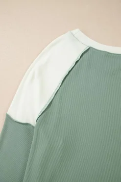 Fashion Dear-Lover Ribbed Colorblock Patchwork Raglan Long Sleeve Top Mint Green