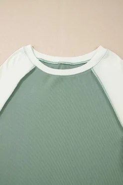 Fashion Dear-Lover Ribbed Colorblock Patchwork Raglan Long Sleeve Top Mint Green