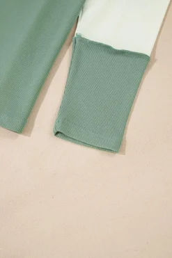 Fashion Dear-Lover Ribbed Colorblock Patchwork Raglan Long Sleeve Top Mint Green