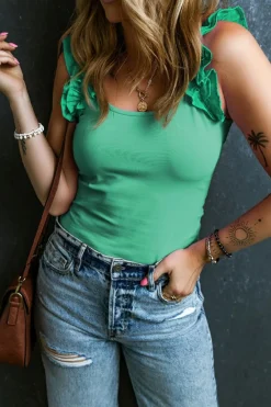 Best Dear-Lover Ruffled Wide Straps Slim Tank Top Mint Green