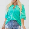 New Dear-Lover Solid Color Half Sleeve Buttons Henley Top Mint Green