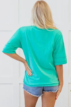 New Dear-Lover Solid Color Half Sleeve Buttons Henley Top Mint Green