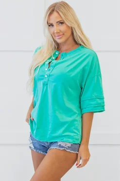 New Dear-Lover Solid Color Half Sleeve Buttons Henley Top Mint Green